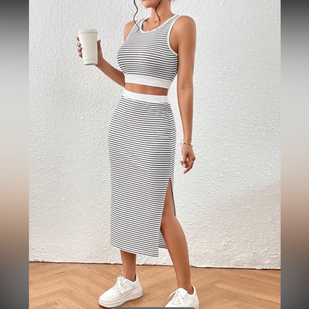 NWT SHEIN Striped Tank Top & Split Thigh Skirt Set